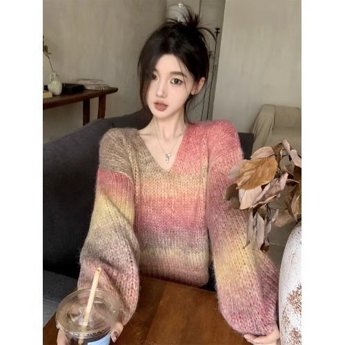 Maglione lavorato a maglia a maniche lunghe con colori sfumati per donna, nuovo stile autunno inverno 2023, pullover largo con scollo a V in stile pigro_voghion.com