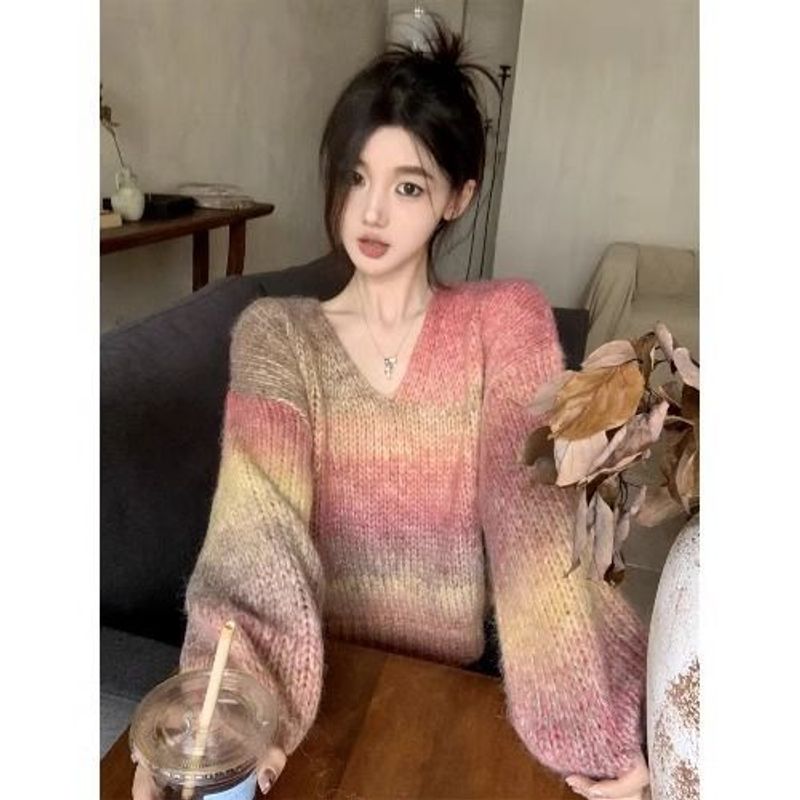 Gradient Color Long Sleeve Knitted Sweater For Women, Autumn Winter 2023 New Style, Lazy Style Loose V-Neck Pullover Top_voghion.com