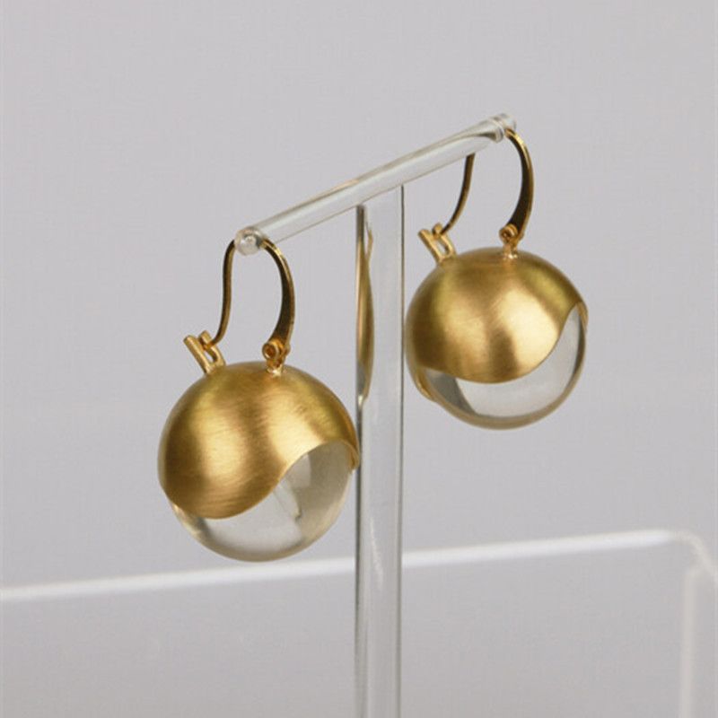 Orecchini da donna minimalisti con sfere in metallo e perline in acrilico trasparente, orecchini a cerchio in oro spazzolato, orecchini rotondi retrò per donna_voghion.com