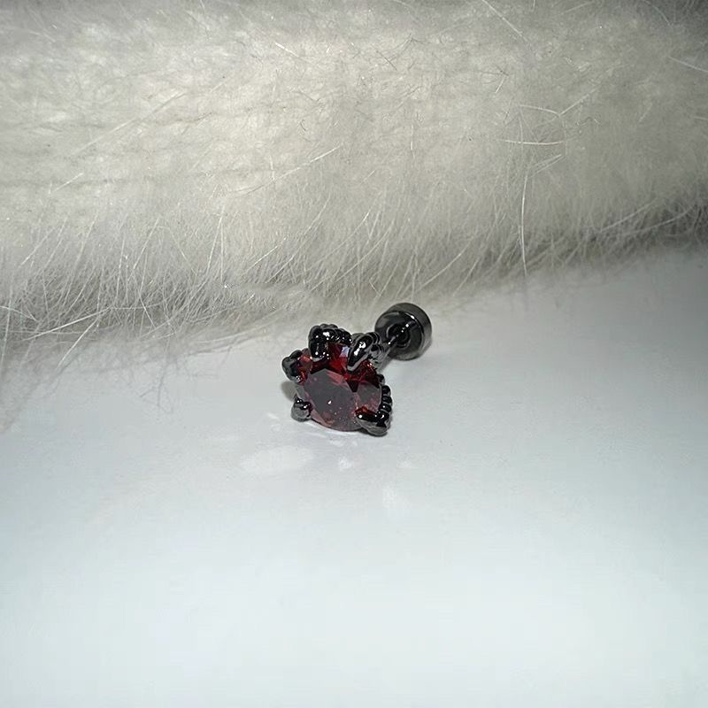 Orecchino a forma di zircone super lucido con cinque artigli intarsiati, unico nel suo genere, in acciaio al titanio, con fondo piatto, elica senza vite._voghion.com