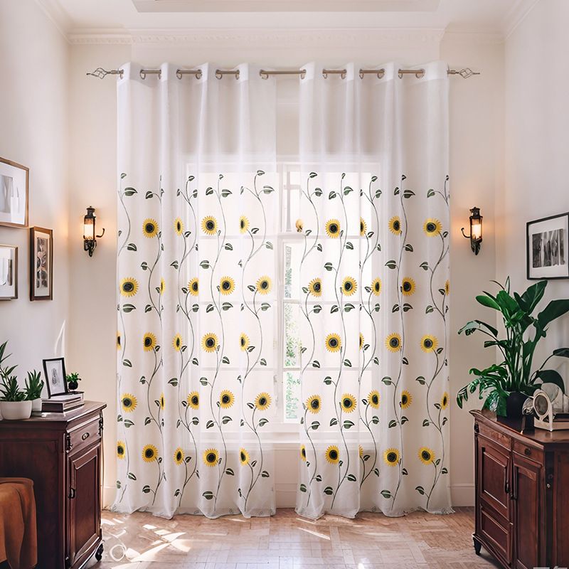 Sunflower & Mangrove Embroidered Semi-Sheer Curtains - American Farmhouse Style Polyester Window Panels For Living Room & Bedroom_voghion.com