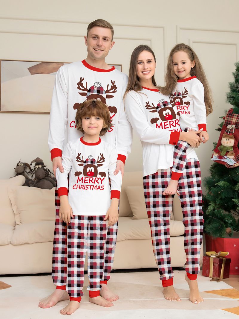 Vêtements de noël parent-enfant avec tête de cerf imprimé, vêtements de maison à carreaux à manches longues, ensemble deux pièces_voghion.com