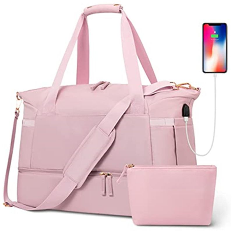Frau Nylon Sporttasche USB Lade Reisetasche Ladeanschluss Gepäcktasche Mädchen Fitness Yoga Taschen_voghion.com