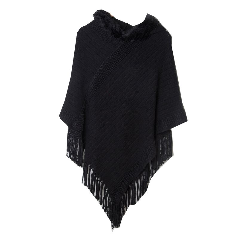 Unisex Cape Women's solid-colored striped fringed hooded cape_voghion.com