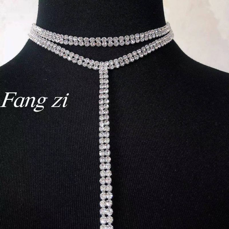 Women's Jewelry Sexy T Shaped Super Flash Full Diamond Double Layer Necklace Long Chain Clavicle Chain Necklace_voghion.com
