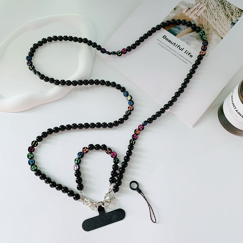 Zwarte ronde kraal gepersonaliseerde ophangkoord, lange ketting, geen gat clip kaart, diagonaal dragen mobiele telefoon hanger voor_voghion.com