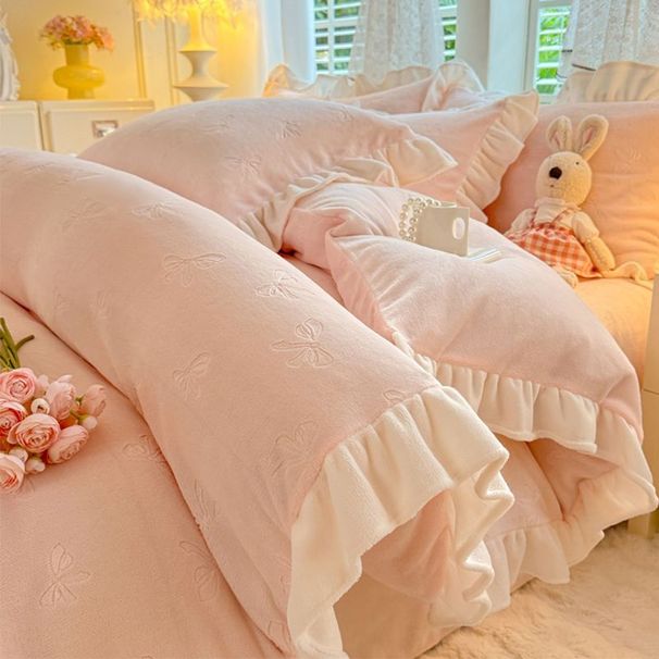Korean Version Milk Four-Piece Fresh Lace Double-Sided Bed Sheet Duvet Cover Three-Piece Set Thickened Coral Velvet_voghion.com