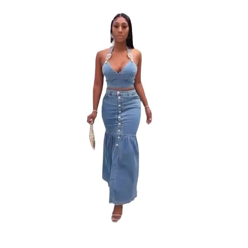 Damenbekleidung Mikroelastische Hosenträger Low Cut Denim Anzug Knopf Langer Rock Anzug_voghion.com