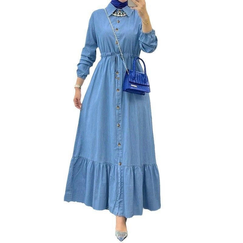 Women's Clothing new Muslim ladies solid color cardigan fashionable and elegant denim dress_voghion.com