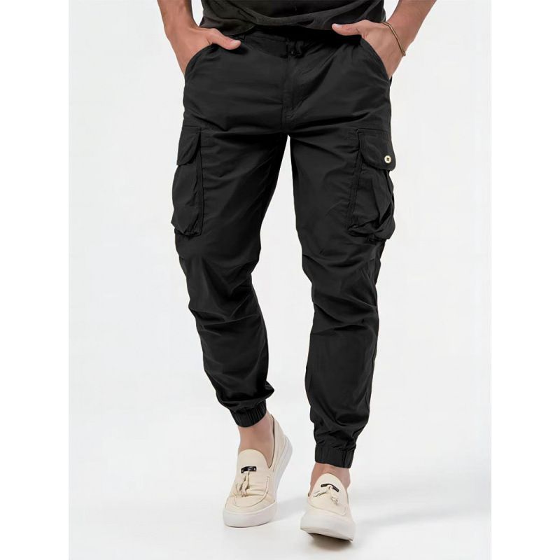 Moška oblačila Tridimenzionalna torba Tkane cargo hlače Pajkice s pasom za vezanje Proste hlače Enobarvne moške hlače_voghion.com