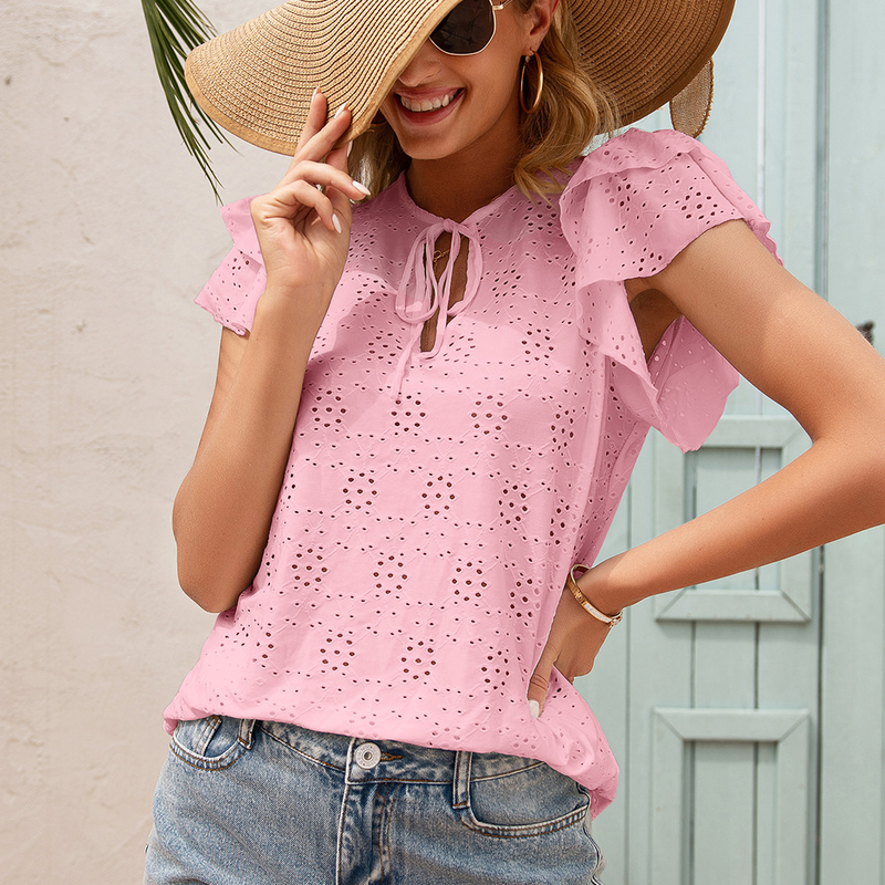 Top da donna con maniche arricciate e scollo tondo con lacci vuoti a fiori all'uncinetto da donna_voghion.com