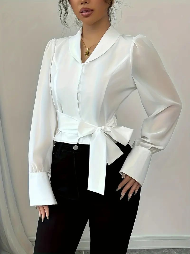 Modisches Button-Up-Hemd für Damen mit Spitzendetail an der Taille – einfarbige Bluse (neuer Stil, elegant und vielseitig)_voghion.com
