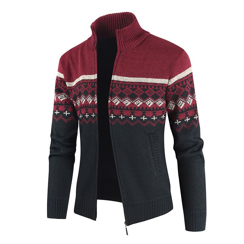 Neie Cardigan mat Reißverschluss fir Männer, Faarfblockéierend, Casual Strickpullover_voghion.com