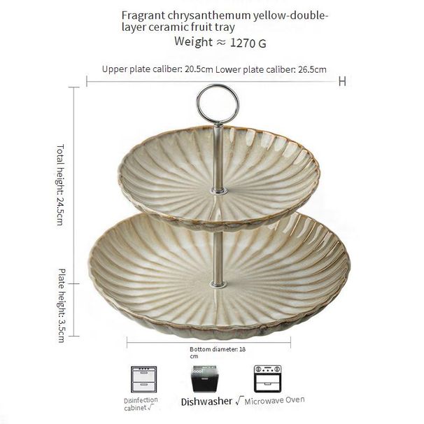 Doppelschichtiges Obsttablett aus Keramik mit handbemaltem Blumenrand – Eleganter Nachmittagsteeständer für Snacks, Desserts und Party-Serviergeschirr_voghion.com