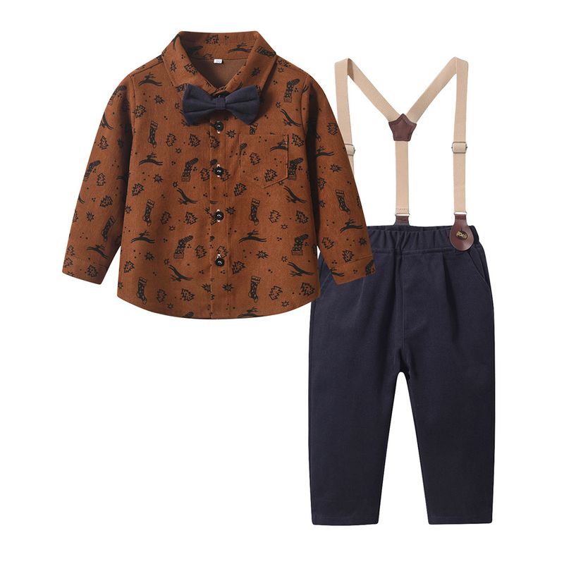 Weihnachten Kinder Kinder Herbst Druck Weihnachten Langarm Fliege Digan Vintage Mode große Kinder Kleid Set Kinderkleidung_voghion.com