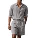Adatto a tutte le stagioni, completo estivo in lino, due pezzi, stile americano, semplice, da spiaggia, con camicia a maniche lunghe e pantaloncini da uomo._voghion.com