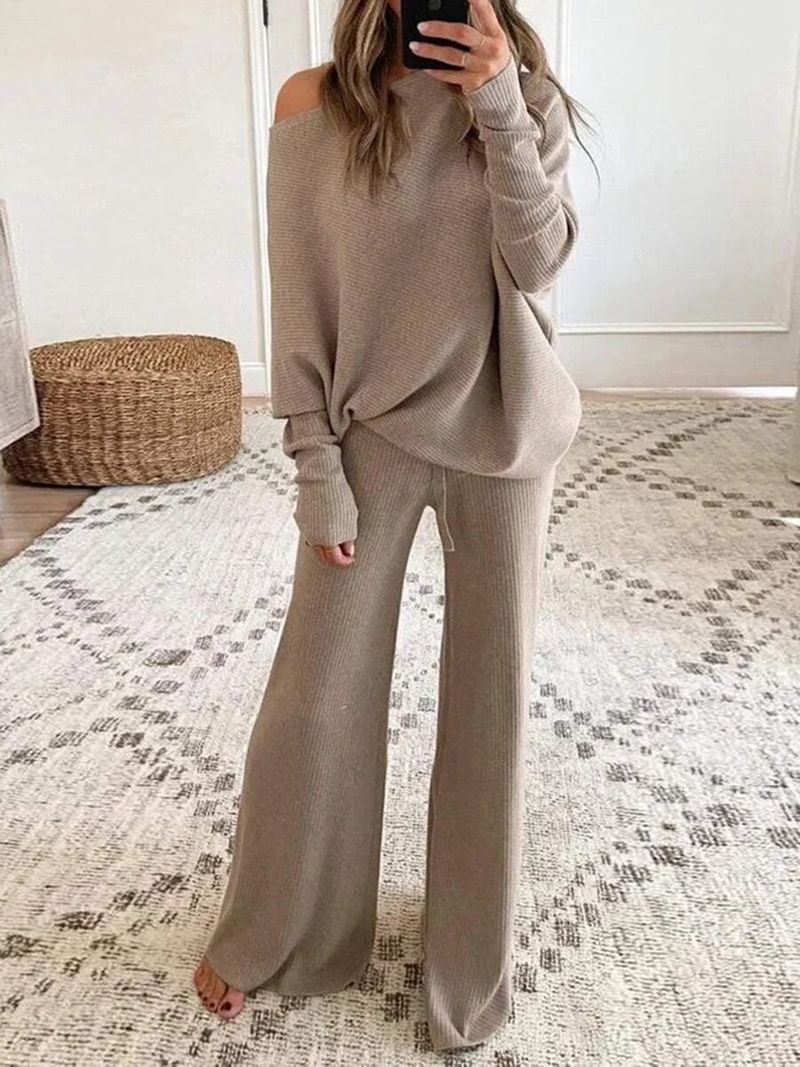 Ensemble deux pièces décontracté à manches longues et col rond de couleur unie pour femme_voghion.com