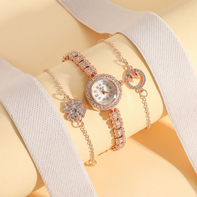 Women's Fashion Small Dial Diamond Quartz Watch + Four Leaf Clover Bracelet Set_voghion.com