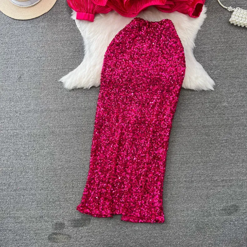 Vêtements pour femmes Costume à la mode, tempérament féminin, chemise brillante à manches longues et col en V avec ourlet en feuille de lotus pour femmes, jupe à paillettes taille haute_voghion.com