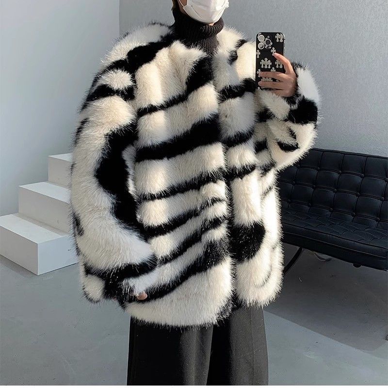 Winter men's with a trendy zebra pattern faux fur jacket, luxurious and thick plush warm cotton jacket_voghion.com