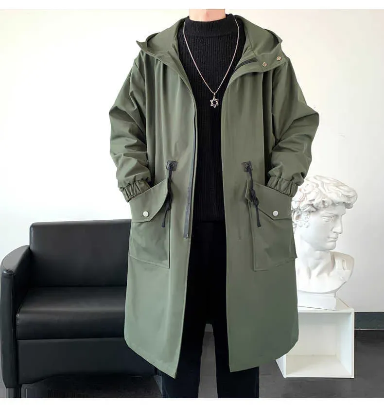 Men's Men'S Windbreaker Jacket Long Trench Oversize Loose Streetwear Hooded Vintage Black Coats High Street Casual Male_voghion.com