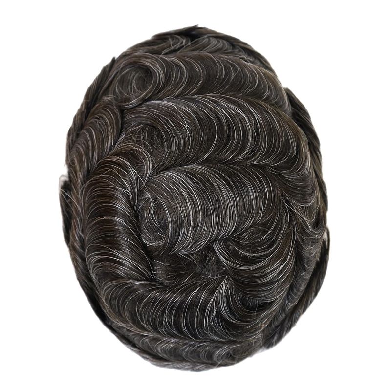 Dünnes, geknotetes Toupet für Männer, 0,08 mm Basis, Haarteile, Echthaar-Ersatzsystem, natürlicher Haaransatz, Herrenperücken, Dunkelbraun mit 10 % grauem Haar, Nr. 310_voghion.com