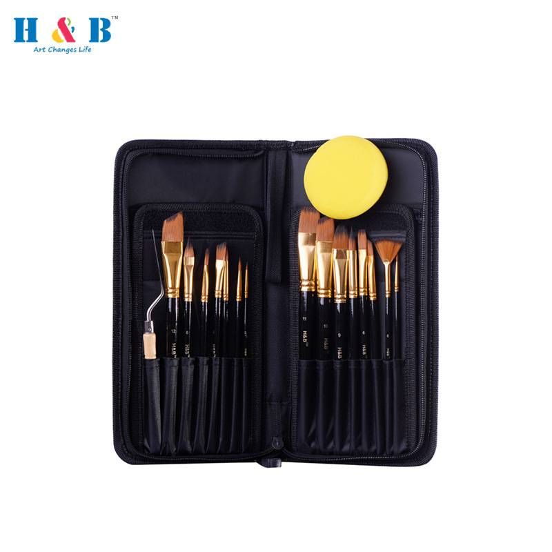 H&B 17-Piece Wooden & Nylon Artist Brush Set For Acrylic, Oil, And Watercolor Painting - Includes 15 Brushes_voghion.com