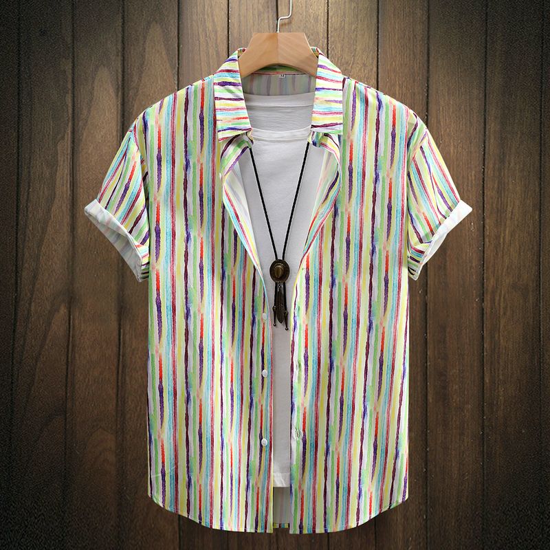 Men's Clothing  shirts summer foreign trade men's short-sleeved shirts fashion yellow green vertical stripes printing 2024 new cross-border_voghion.com