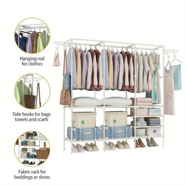 67×65×13.7 In Spacious Triple - Row Black/White Metal Clothes Rack With Drying Area - Stylish Floor - Standing Organizer For Bedroom, With Shoe & Accessory Space, Made Of Durable Plastic_voghion.com