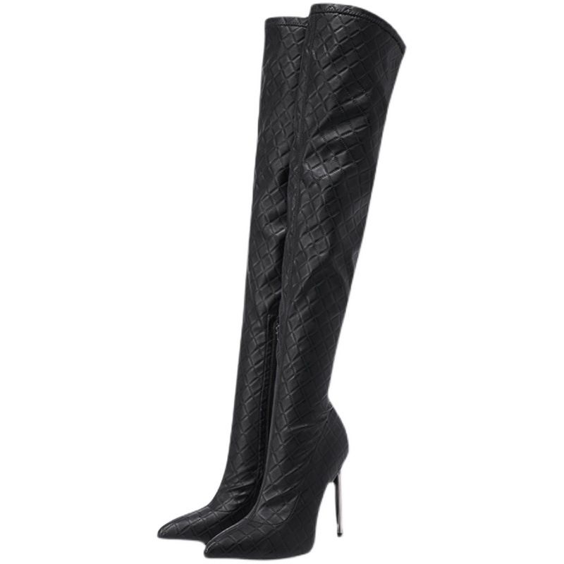 High slim black pointed thigh-high boots Slim over the knee_voghion.com