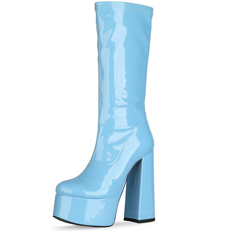 Damenstiefel mit mittlerem Schaft, sexy Feng-Shui-Tisch, hoher Blockabsatz, seitlicher Reißverschluss, Lackleder, modische Stiefel_voghion.com