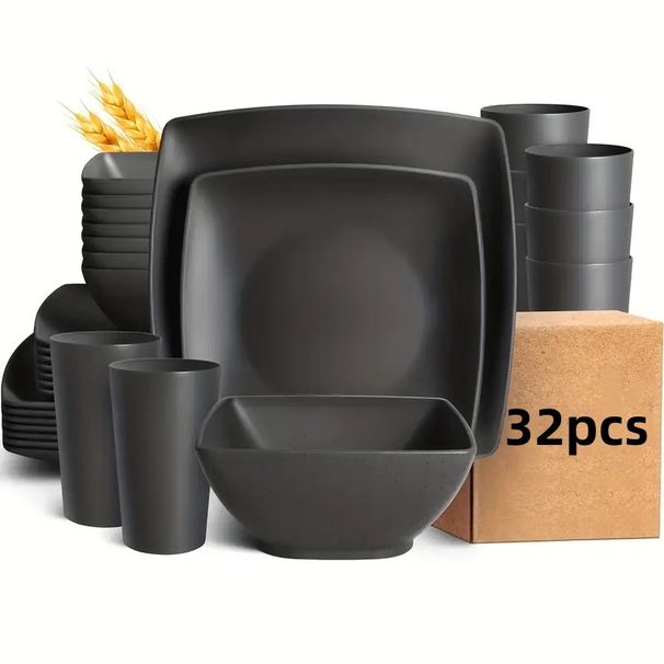 32-piece Plastic Wheat Straw Square Dinnerware Set For 8, Unbreakable Dinner Plates, Salad Plates, Snack Bowls, Tumblers 20 Oz, Black Matte_voghion.com