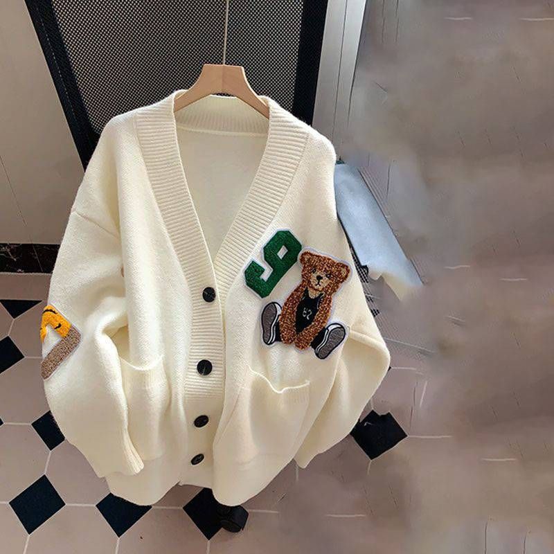 Vêtements pour femmes style collège pull col en V cardigan automne vêtements d'extérieur veste tricotée lâche paresseuse_voghion.com