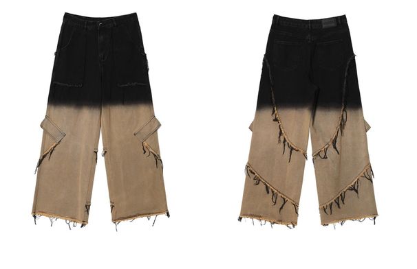 Herrenbekleidung Mode Wasteland Old Washed Gradient Kurzarmoberteile Weites Bein Mopping Raw Edge Jeans Anzug Trend_voghion.com