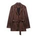 Jaqueta elegante de camurça sintética com cinto para mulheres – Blazer atemporal com lapela entalhada, fecho de botão e caimento relaxado (castanho, PP/P/M/G)_voghion.com