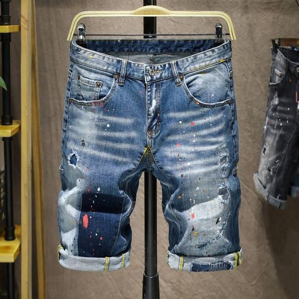 Pantaloni da strada estivi 2024 per uomo, toppe con fori lavati resistenti, macchie di vernice spruzzate, denim_voghion.com