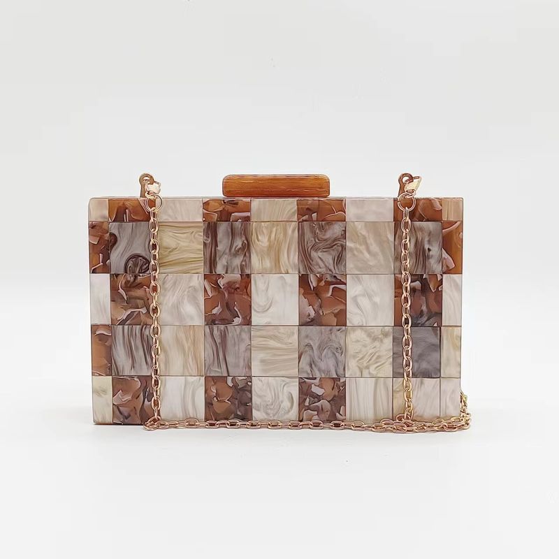 Damenhandtasche, kariert, mehrfarbig, gespleißt, Acryl, Abendtasche, klein, quadratisch, umgehängt, One-Shoulder-Kette_voghion.com