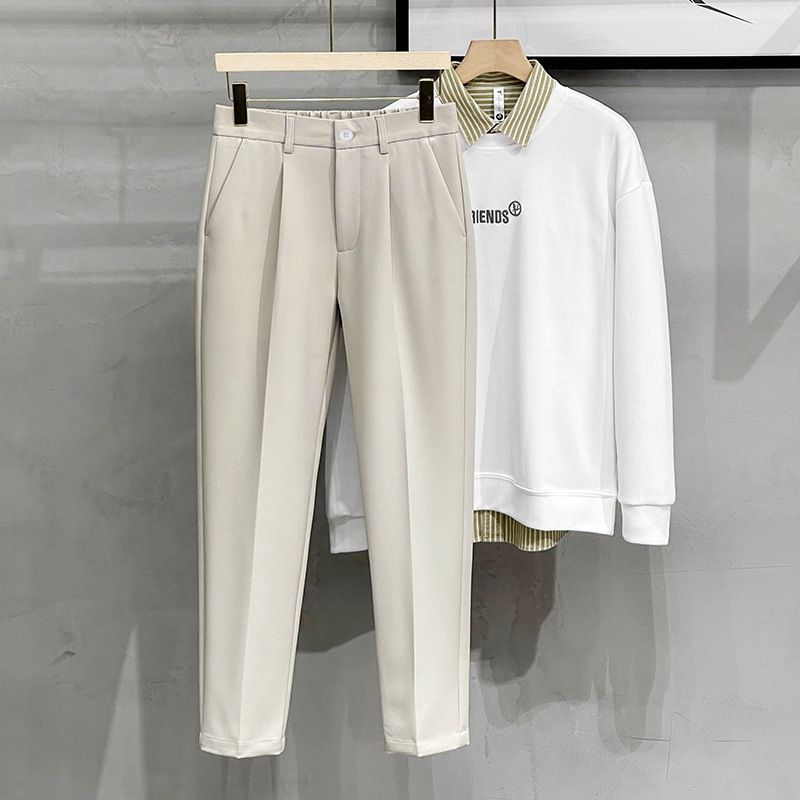 Herrenbekleidung Herren Drapey Kleine Gerade Hose Sommer Dünne Eisseide Lässige Kegelhose Neun-Punkt-Hose_voghion.com