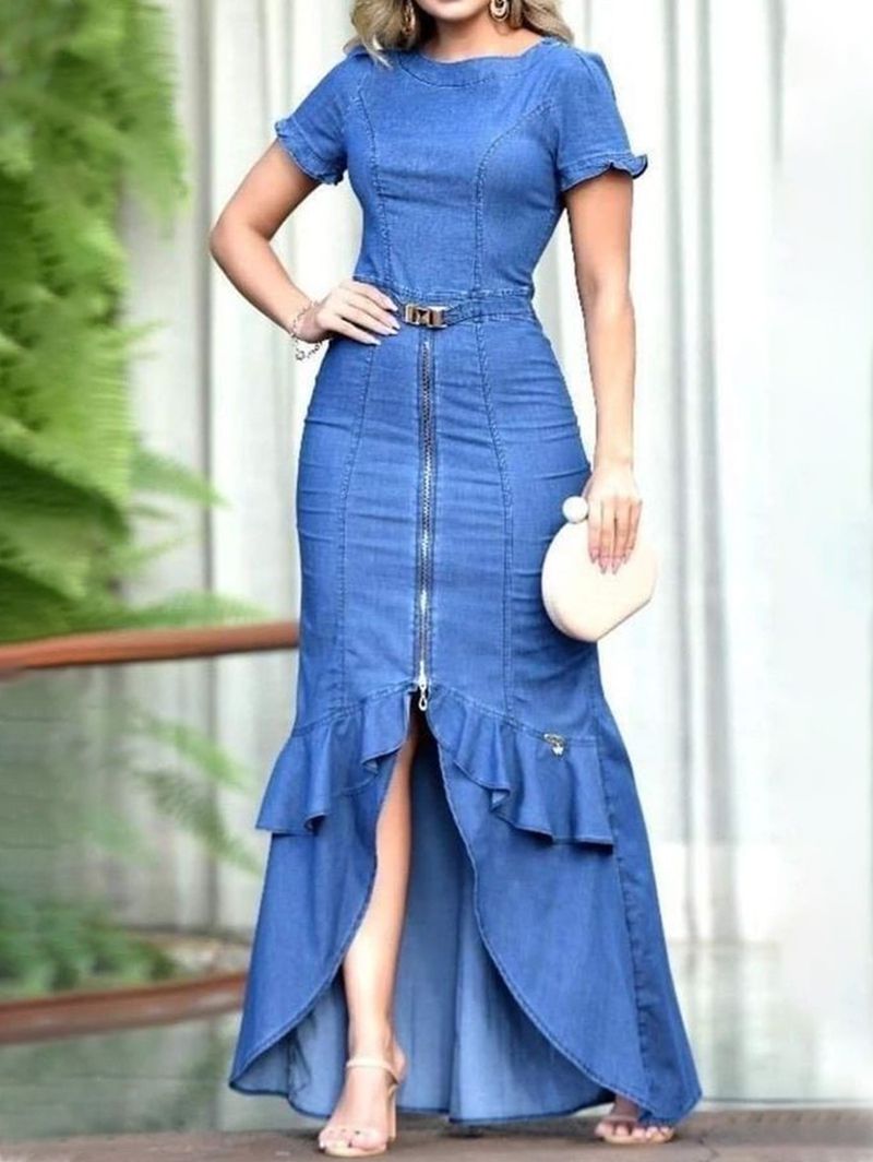 Rochie bodycon maxi din denim, cu mâneci scurte, cu gât de barca, la modă_voghion.com