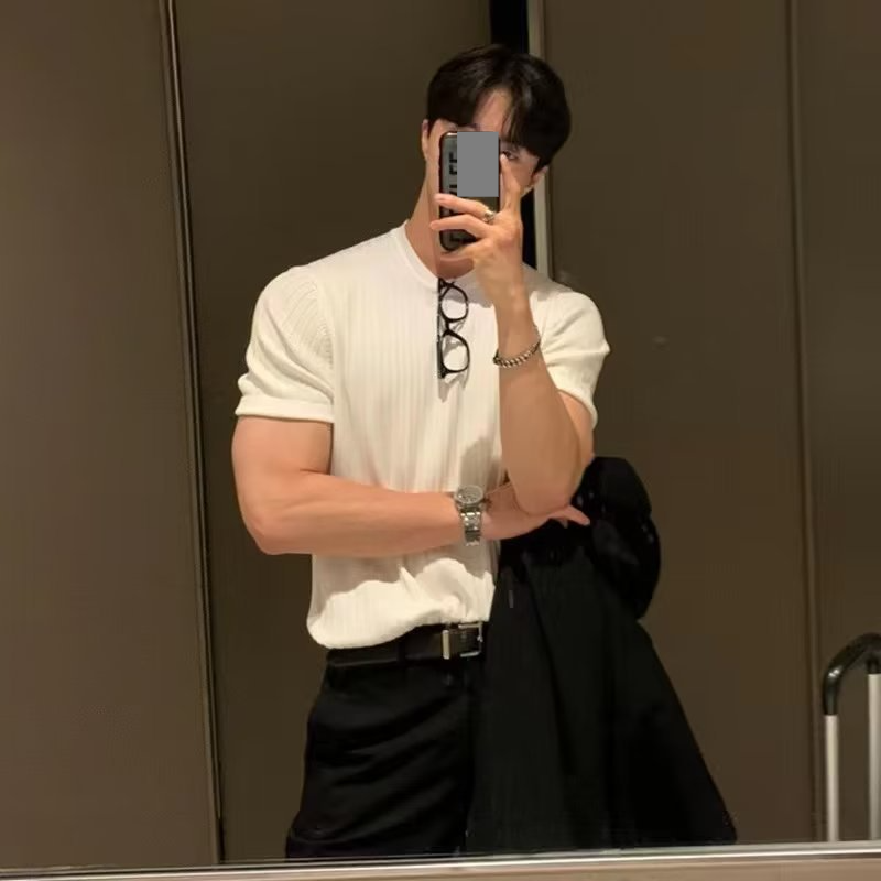 Men's Clothing Fashion New Striped Ice Silk Short Sleeved T Shirt Casual Simple Slim Style Men's Tops Trendy Knitted Sweater_voghion.com