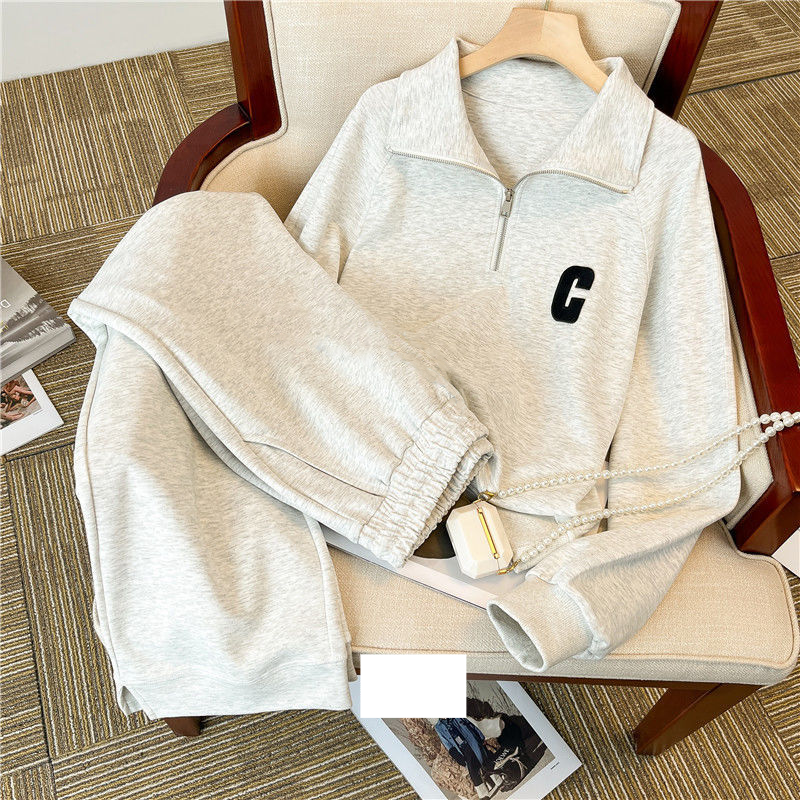 Women's Clothing polo collar leisure sports suit women spring and autumn loose western style fashion sweater two piece suit trendy_voghion.com