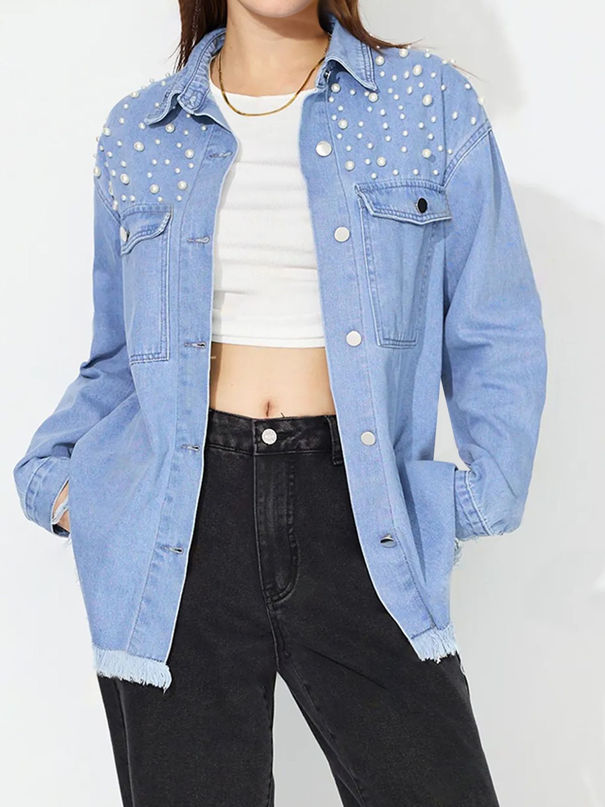 Women's Clothing Distressed Denim Jacket With Beaded Embellishments - Oversized Fit, Long Sleeve, Casual Streetwear For Women (Light Blue, Dark Blue)_voghion.com