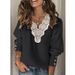 Modische Damenbekleidung, einfarbig, Spitze, V-Ausschnitt, lockerer Langarmpullover_voghion.com