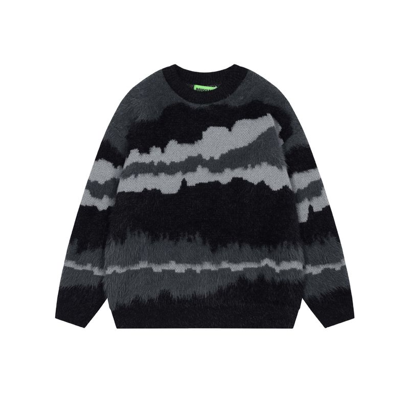 Unisex High-Street Mohair Sweater – Colorblock Wave Knit (S-XL, Oversized Fit, 100% Nylon, Genderless Streetwear, Retro Hip Hop Pullover)​_voghion.com