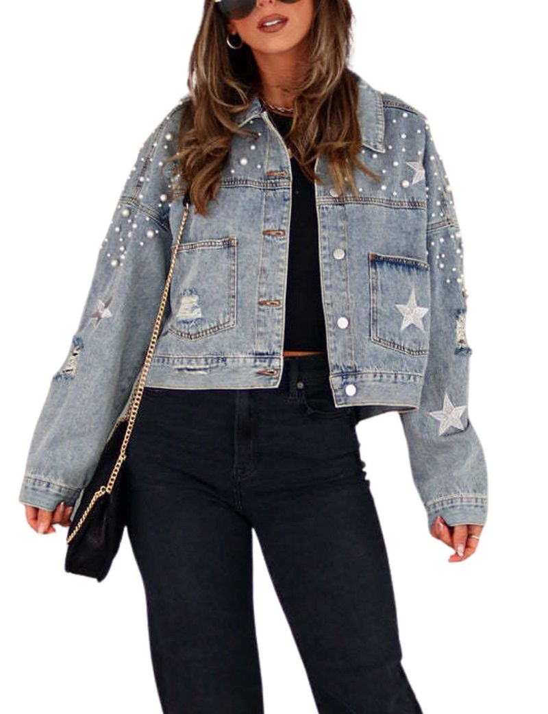 Kurze Jeansjacke für Damen mit Perlenbesatz, Sternstickerei und Used-Look-Details – lässiger Boho-Chic-Mantel für den Frühling_voghion.com