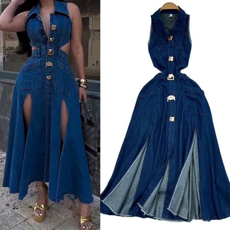 Rochie de damă cu rever retro, talie goală, talie expusă, subțire, fără mâneci, cu un singur rând de nasturi, linie A-line, cu fantă, din denim, fustă lungă casual_voghion.com