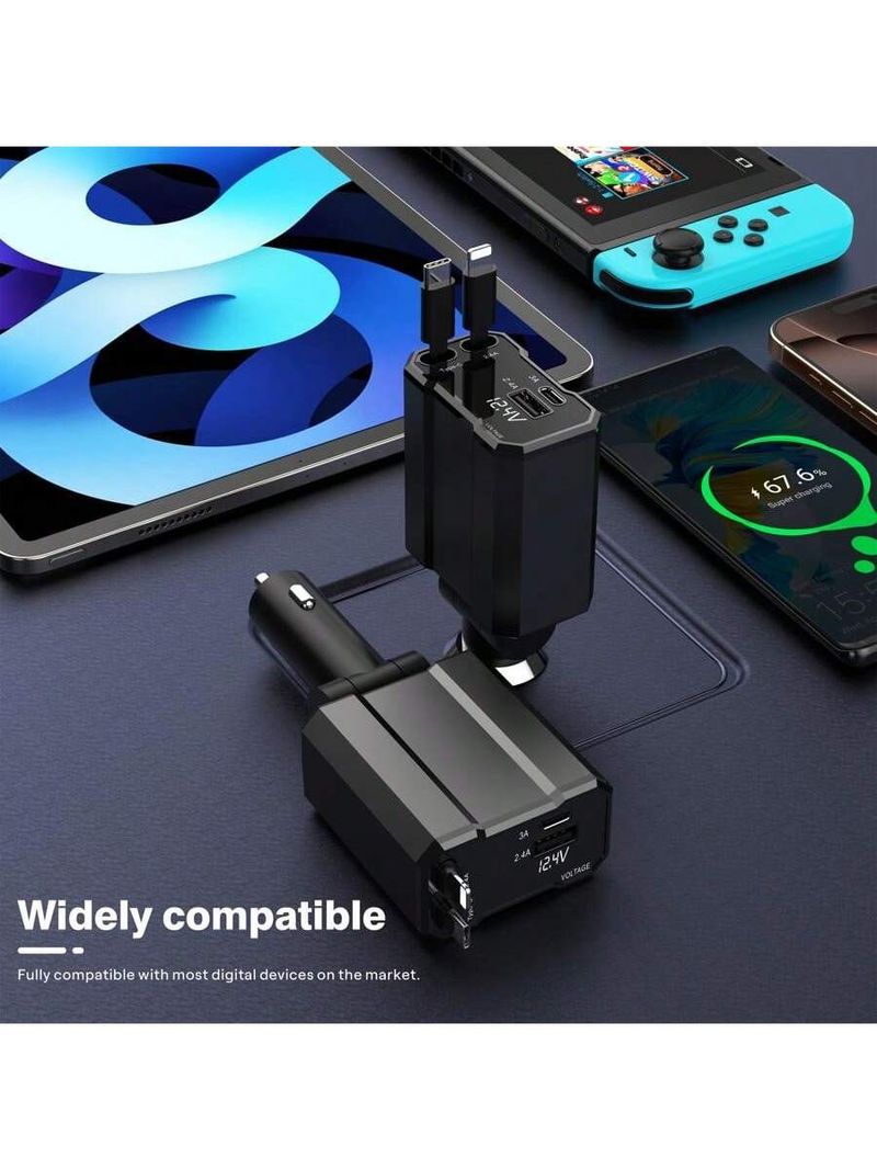 4-in-1 snelle autolader met uitschuifbare kabel, USB- en Type-C-poorten - Meer compatibiliteit - Verstelbare 180°-stekker, knoopvrij ontwerp_voghion.com
