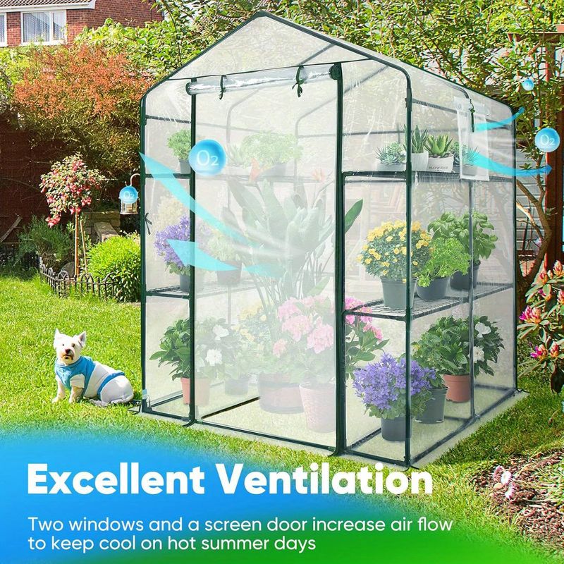 Invernadero para exteriores, 142 x 142 x 195 cm, portátil, resistente, con acceso para jardín, para interior y exterior, con puerta y ventana de malla, cubierta de PVC transparente._voghion.com