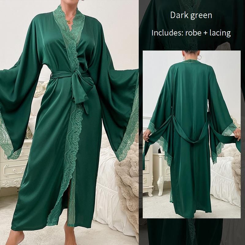 Men's Sleep New Satin Pajamas Women Lace Light Luxury Long Sleeved Cool Nightgown Bathrobe Home Clothes_voghion.com
