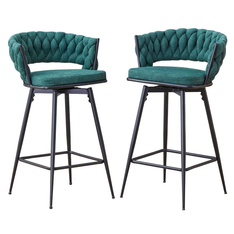 Set Of 2 Counter Height Swivel Bar Stools, 360° Rotating Linen-Cotton Upholstered Seats With Hollow Backrest,Adjustable Footpads,300lbs Capacity,Green_voghion.com